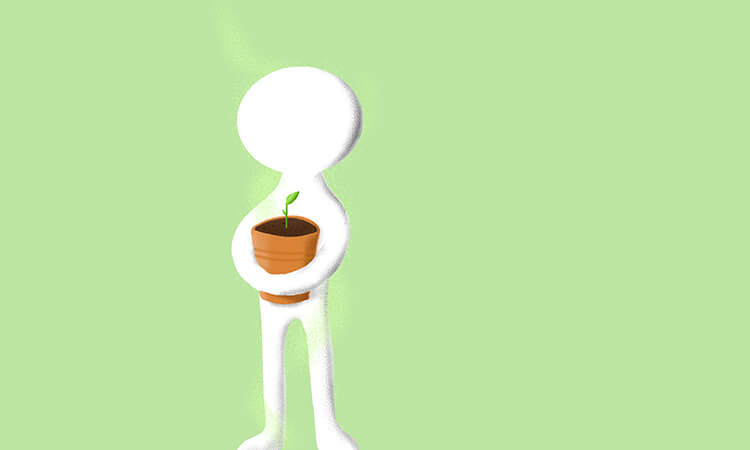 Cartoon character holds pot with growing plant.