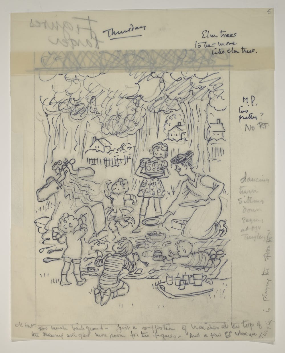 Notes by P. L. Travers on Mary Shepard’s sketches. Mary Shepard and P. L. Travers Archive, Cotsen Children's Library, Princeton University Library. Line illustrations by Mary Shepard © The Shepard Trust Reproduced with permission from Curtis Brown Group Limited on behalf of The Shepard Trust, Author provided (No reuse)