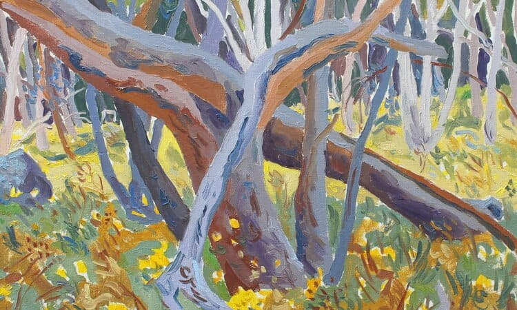 Painting of a vibrant forest scene with twisted tree trunks and yellow wildflowers.